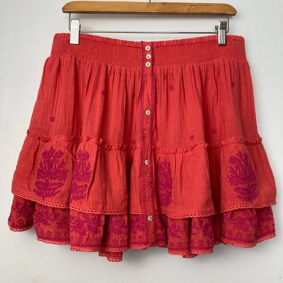 M.A.B.E. NWT Mina Embroidered Mini Tiered Skirt Coral 100% Cotton Boho Chic sz L - Picture 4 of 10